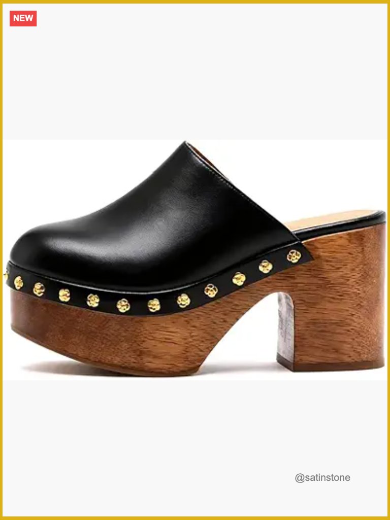 Studded Platform Wooden Clogs Mules Chunky Heel Slip-On Sandals